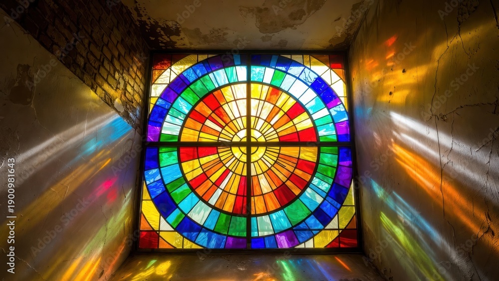 Obraz premium Vibrant circular stained glass window illuminating colorful light in rustic room.