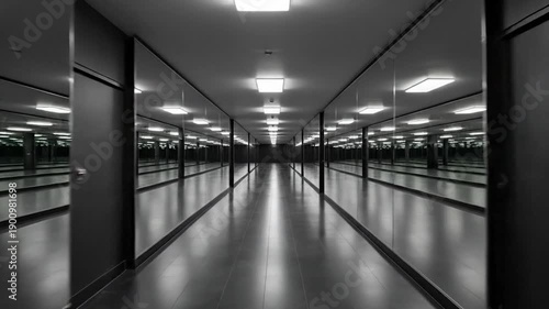 Empty Corridor with Mirrors and Lights.