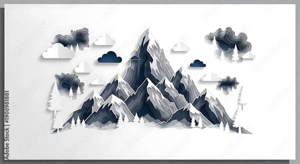 Obraz premium Stylized Mountain Range with Clouds and Trees.
