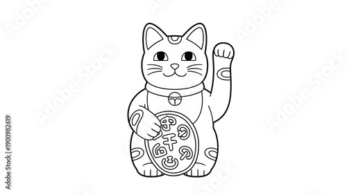 Lucky Cat Illustration with Ornate Coin