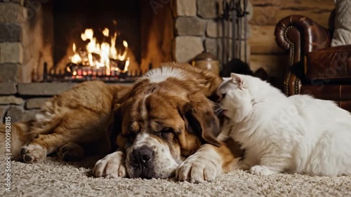 Cozy Dog and Cat Resting by Fireplace Warm Winter Comfort