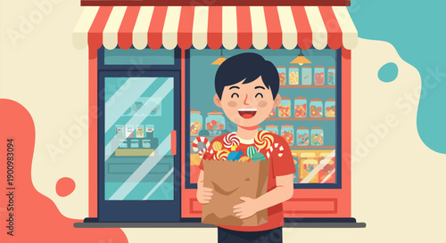 Happy boy holding grocery bag in front of a store vector illustration