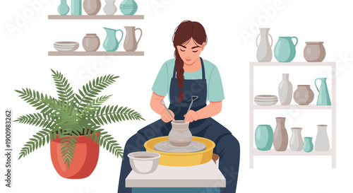 Pottery making vector illustration of a woman working at a pottery wheel creating ceramics in a studio with shelves of finished pottery and a plant