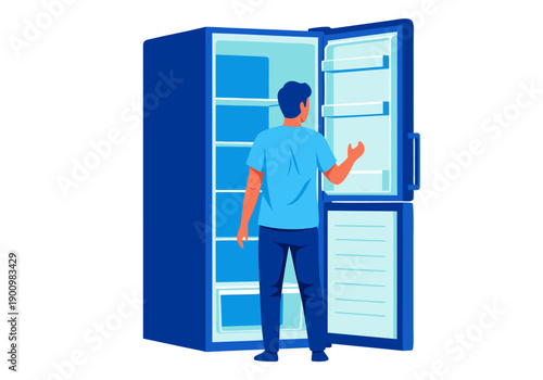 Illustration vector of a man looking into an empty refrigerator, symbolizing hunger and food scarcity