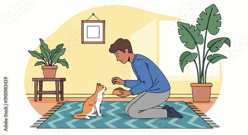 Vector illustration of a person training a cat with a treat in a cozy room