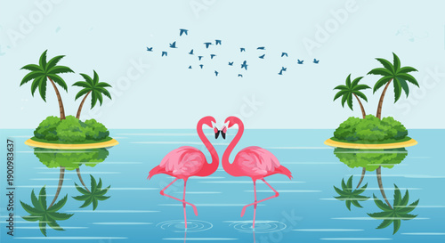 Vector illustration of two pink flamingos in heart shape with palm trees on islands and birds flying above on a serene blue water backdrop