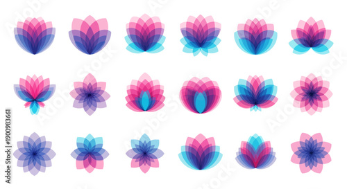 Collection of abstract lotus flower designs in pink and blue.