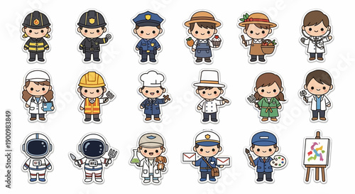 Diverse group of cartoon characters representing various professions and occupations in a flat illustration style