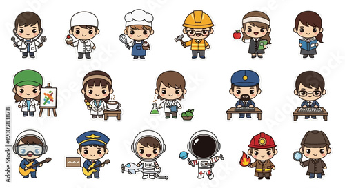 Diverse cartoon characters in various professions and activities, showcasing different occupations and roles in a playful illustration