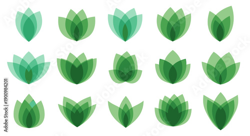 Set of green lotus flower icons representing nature and spirituality.