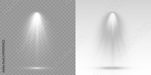Transparent allows seamless web or poster use. Stage spotlights emit strong white directional light beams. Reflections add depth to spotlight scenes on floor. Scene. Row of spotlights. Light Effects. 