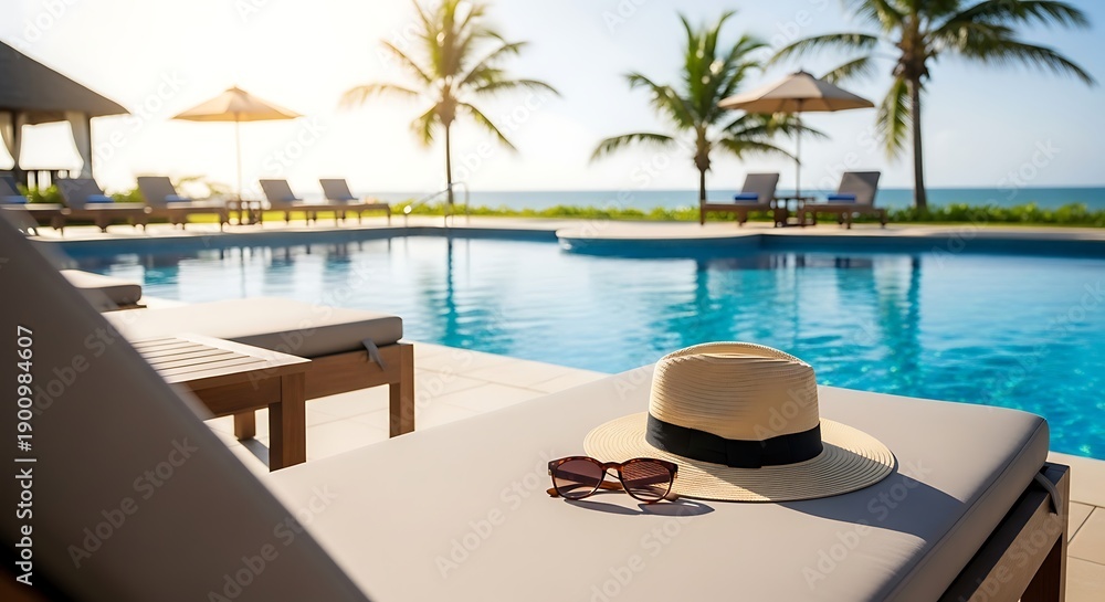 Fototapeta premium Luxury resort swimming pool with lounge chairs and palm trees overlooking the ocean at sunset.