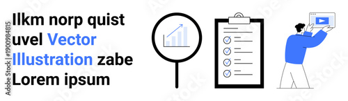 Magnifying glass analyzing chart, checklist clipboard with ticks, and person holding media screen. Ideal for analytics, report, task management, learning, media, planning simple landing page