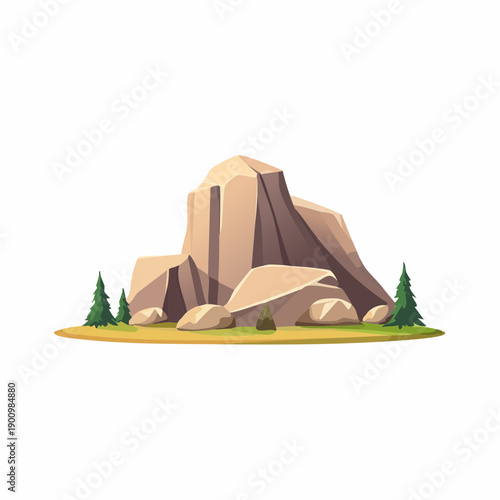Cartoon illustration of a rock formation with pine trees on a grassy area, simple and clean design, natural landscape