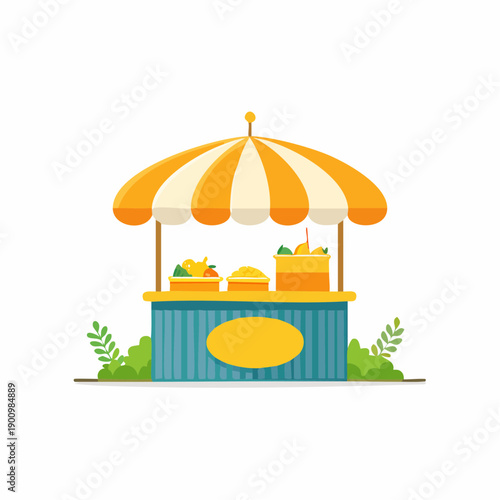 Illustrated Food Stand with Striped Awning Displaying Products and Greenery Decoration