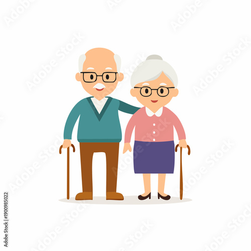 Affectionate older couple with walking canes standing together in a cartoon illustration style representing companionship and senior health