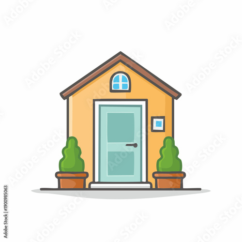 Charming House Facade with Plants Illustration, Home Exterior, Cute Building, Modern Design