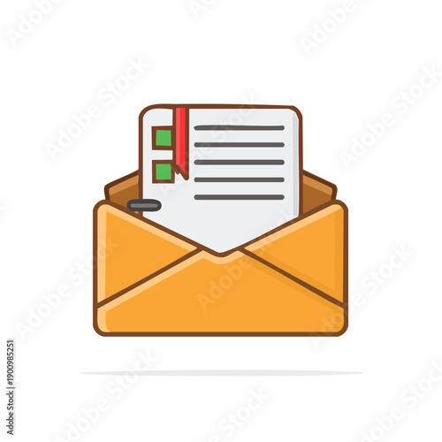 Open envelope with document and checklist icon design featuring a vibrant orange color and a modern flat vector aesthetic