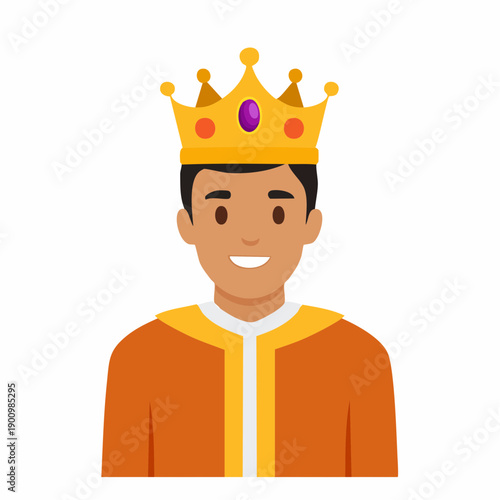Smiling Man Wearing a Golden Crown Illustration with Orange Robes and Royal Purple Gem Detail