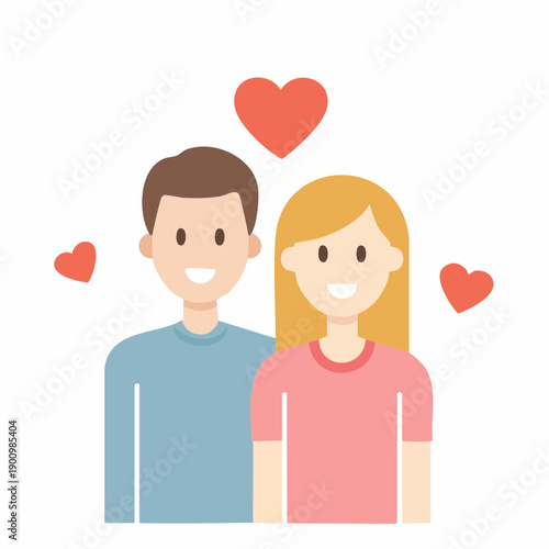 Smiling young couple with red heart shapes in love simple flat style illustration for happy valentine's day or wedding