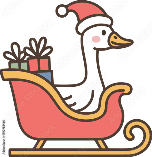 A festive duck wearing a Santa hat sits in a colorful sleigh filled with presents.