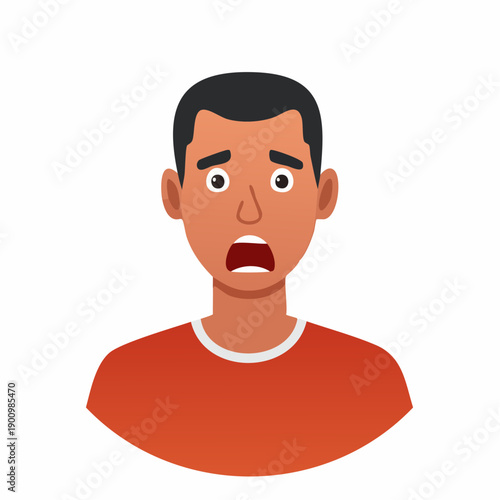 Terrified man with a shocked expression looking straight ahead, depicting the human emotions with a dark short hair avatar character