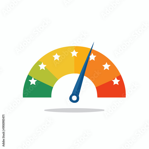 Indicator gauge with stars marking levels of performance or rating shown on a scale with different color grades