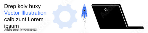 Startup innovation, technology business, digital tools, project management, creative solutions, teamwork. Blue rocket launching near a laptop and gear. Startup innovation and technology business