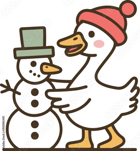 A cheerful duck wearing a hat interacts playfully with a snowman, showcasing a festive winter scene.