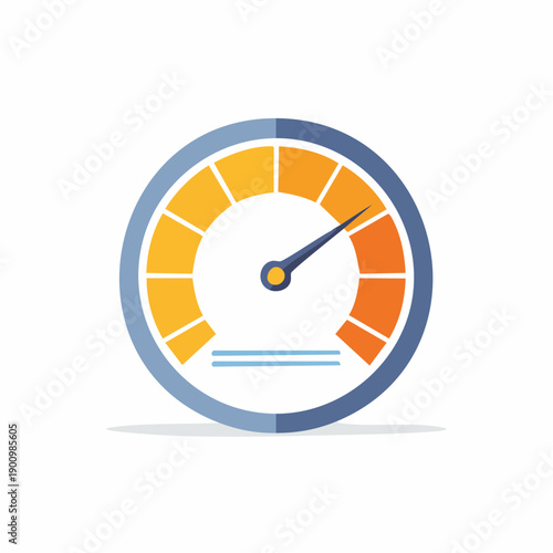 Speedometer graphic icon with needle pointing towards the orange and blue color indicators of measurement metrics