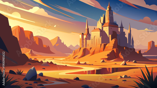 Very beautiful desert scene at Tadrart Rouge featuring Tamesguida cathedral, walking tourists silhouettes, sculpted rocky mountains, and glowing orange sands under dramatic skies.