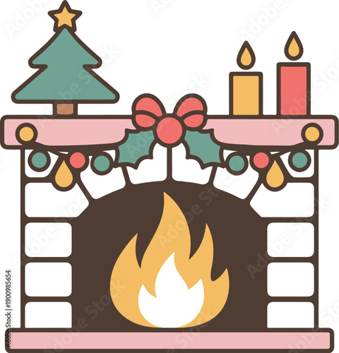 A cozy fireplace decorated with holly, candles, and a Christmas tree, emanating warm flames that create a festive atmosphere.