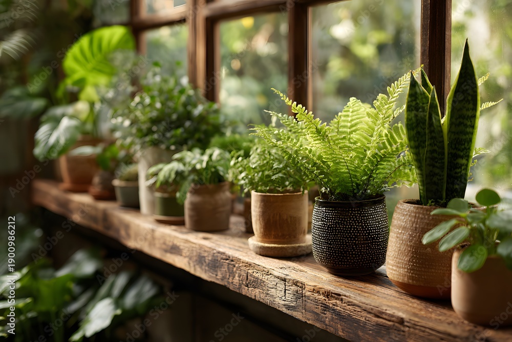 Fototapeta premium Lush indoor urban jungle scene with various potted ferns and snake plants on wooden shelves by sunlit window in lifestyle photography art.