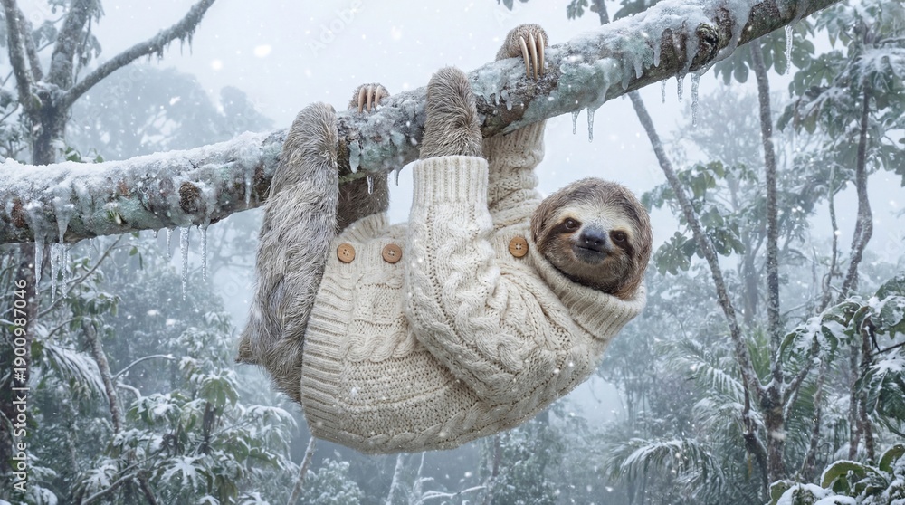 Obraz premium Adorable sloth wearing knitted sweater in snowy forest scene