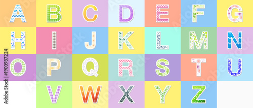Full set of english alphabet letters from a to z featuring colorful patterns like hearts stars and dots on a multicolored pastel square grid background for kids education