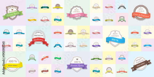 Set of various vintage premium quality badges and retro labels with colorful ribbons on a pastel checkered background including best choice and guarantee stickers or wax seals