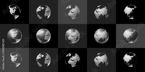 Collection of monochrome globe icons depicting various continental views including america europe and asia with solid and wireframe planet variations on a dark background