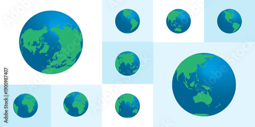 Illustration set of earth globes in green and blue colors depicting various continental views including africa america asia and australia on a light blue grid