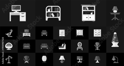 Set of monochrome interior furniture icons including office desk bookshelf sofa armchair floor lamp and wardrobe on a dark black background