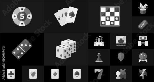 Set of monochrome icons for games and entertainment featuring dice playing cards poker chips chess board dominoes and magic hat on a dark background