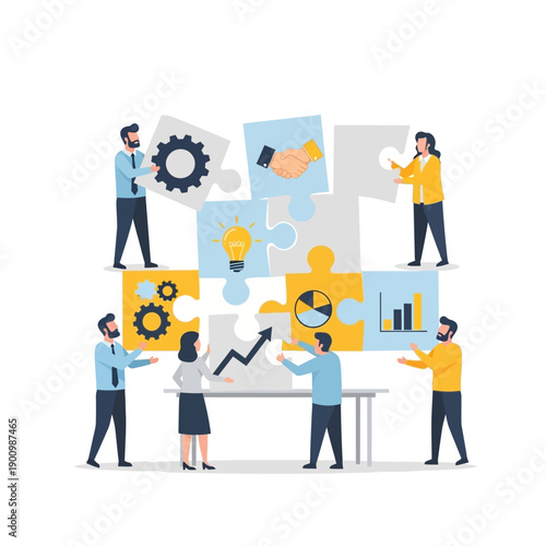 Teamwork and Strategy: People assembling puzzle pieces with business graphics
