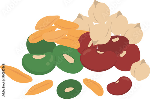 Pile of red kidney beans, green beans, peas, chickpeas, oat for world pulses day illustration. Vector isolated.