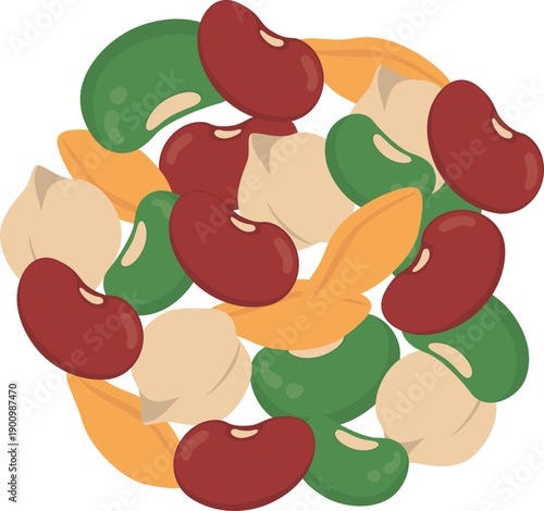Pile of red kidney beans, green beans, peas, chickpeas, oat for world pulses day illustration. Vector isolated.