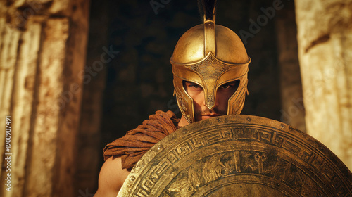 A muscular ancient Greek god or warrior wearing golden armor and helmet, holding a shield, in front of an ancient Greek temple