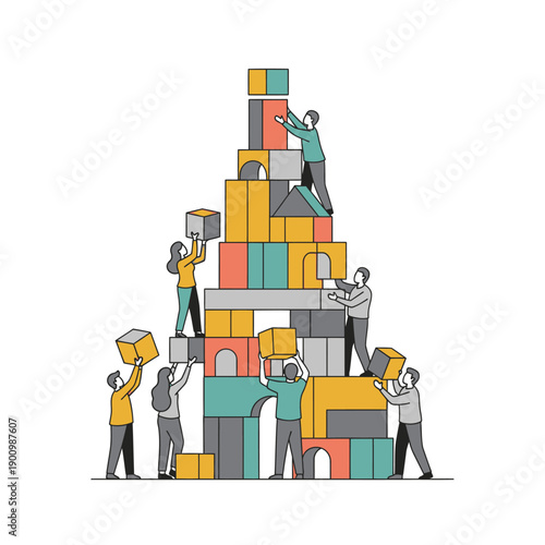 Teamwork building tall tower with colorful blocks, business collaboration concept illustration