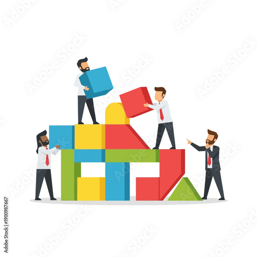 Teamwork building blocks, business people constructing project together, collaboration concept