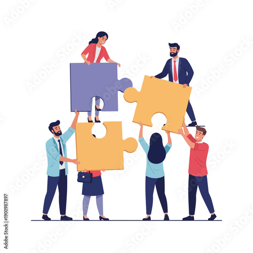 Diverse team assembling puzzle pieces, teamwork, collaboration, business strategy