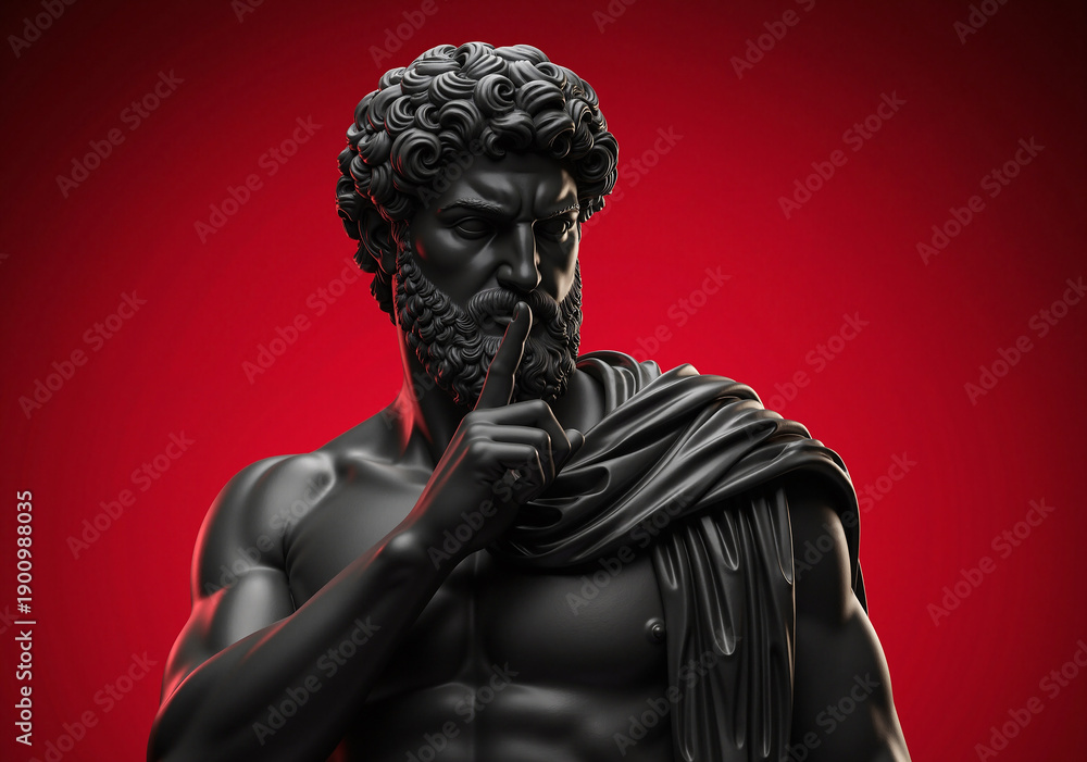 Fototapeta premium Black classical statue gesturing silence shhh on red background