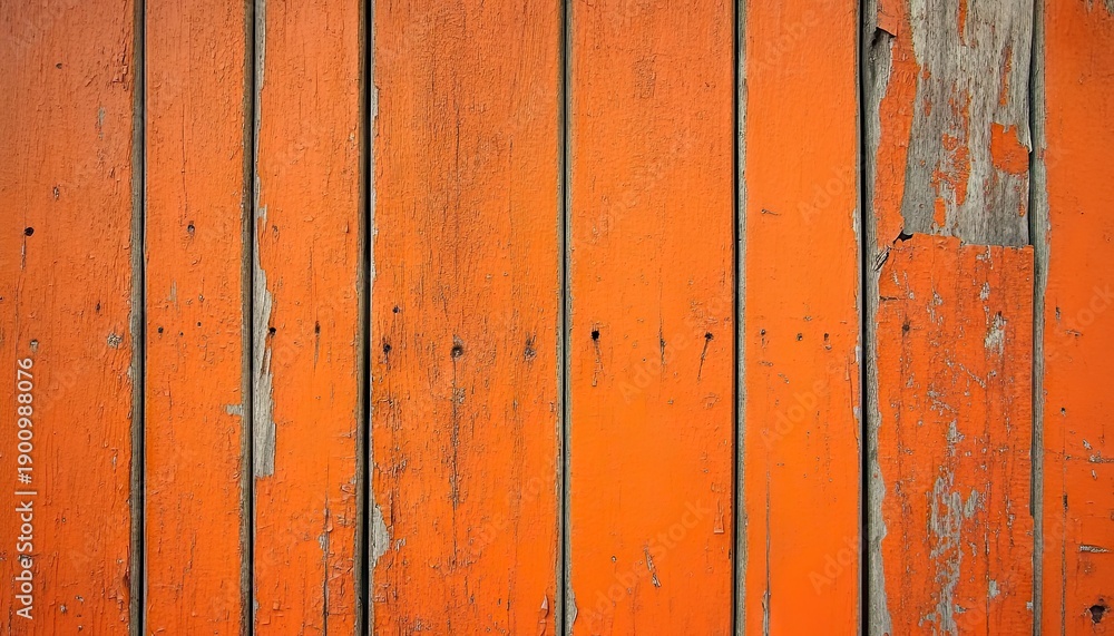 Fototapeta premium Uniform vertical orange painted wooden boards with scattered small cracks and natural wood grain showing through