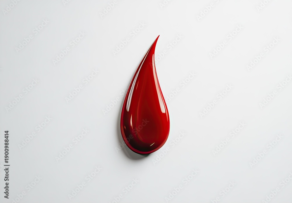 Obraz premium Perfect shiny crimson red liquid droplet suspended in elegant pointed shape on pure white surface with soft reflection